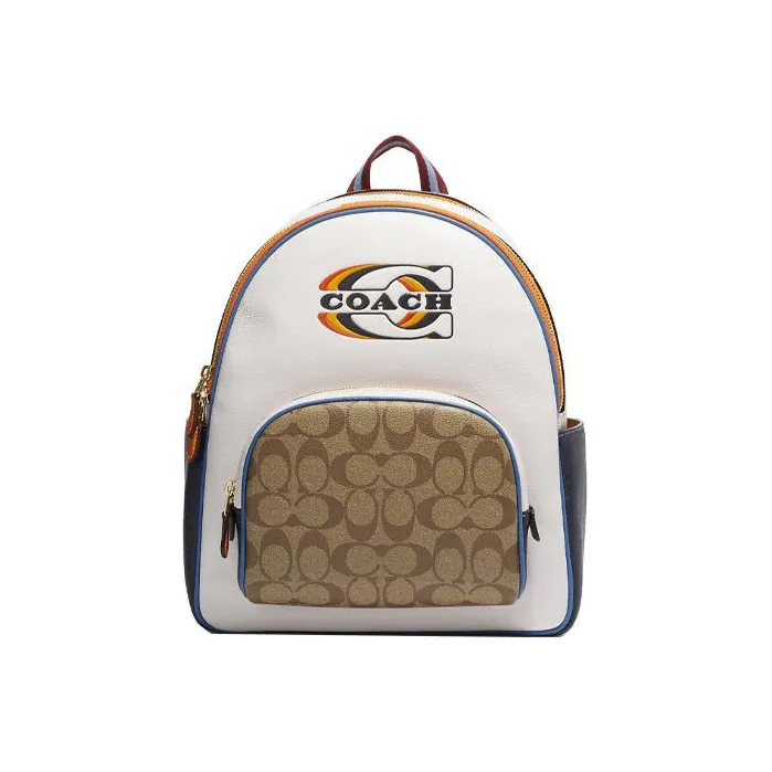 COACH Court Coated Canvas With Pebbled Leather Backpack Large Size Women's Khaki & Chalk White-0