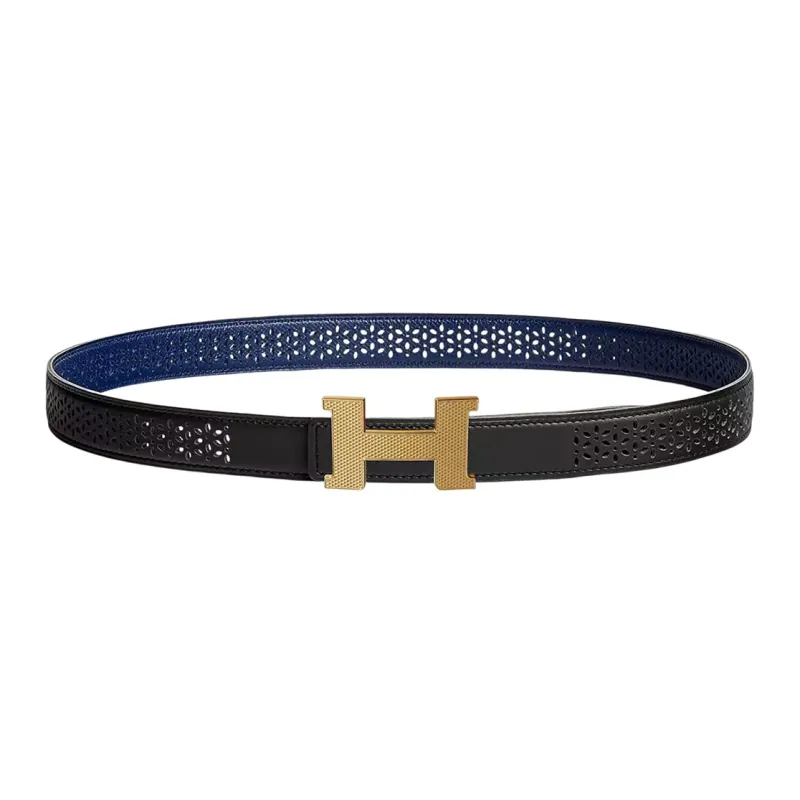 HERMES Letter-Engraved Gold Buckle Epsom Calfskin Double-Sided Leather Belt Women's Black Width: 2.4cm-0