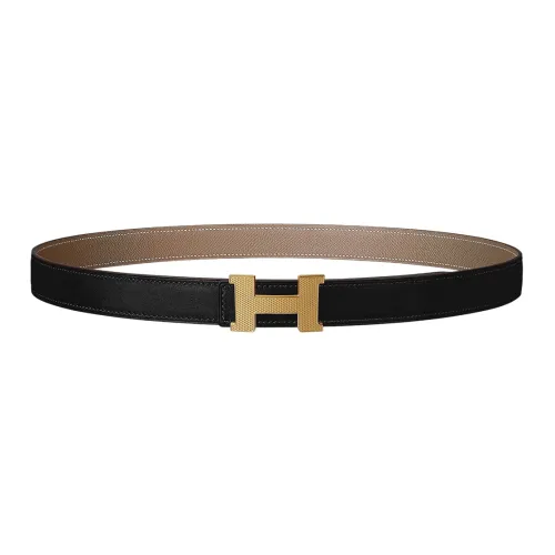 HERMES Letter Engraved Light Gold Buckle Togo Calfskin Double Sided Leather Belt Women's Black Width  2.4cm