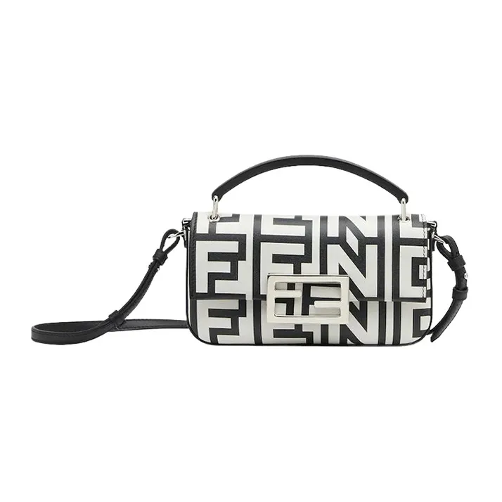 FENDI Baguette Sheepskin Cow Leather Patchwork Handbag Shoulder Bag Crossbody Bag Cell Phone Pouch Women's White/Black-0