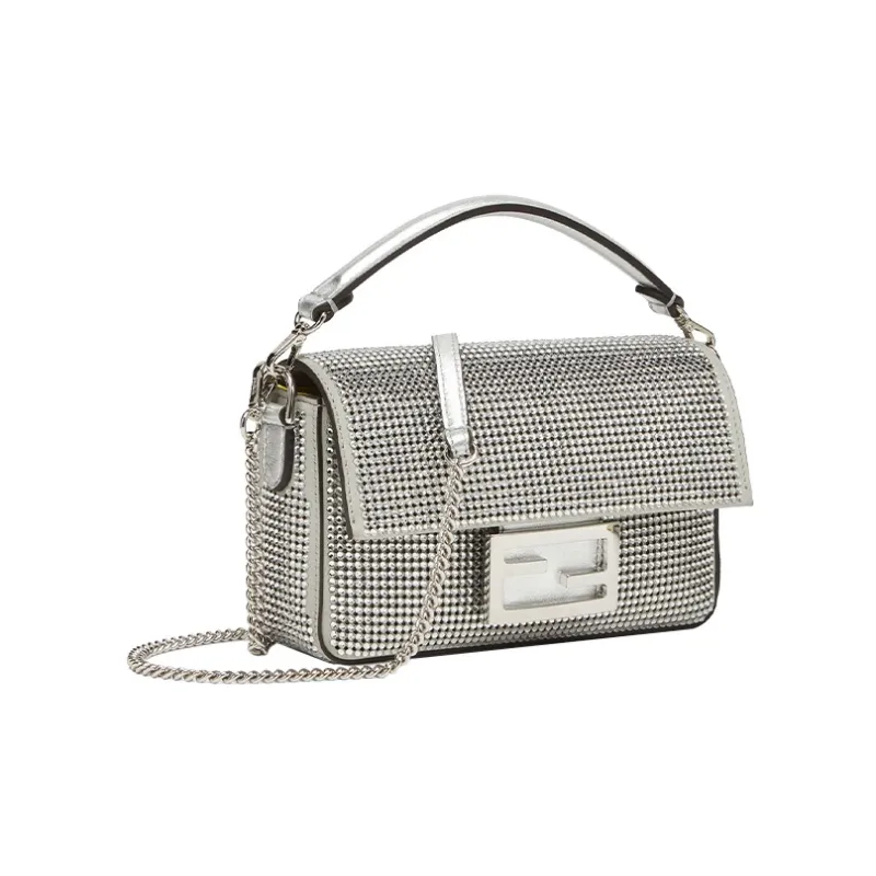 FENDI Baguette Cow Leather Portable Crossbody Bag Shoulder Bag Mini Women's Silver-1