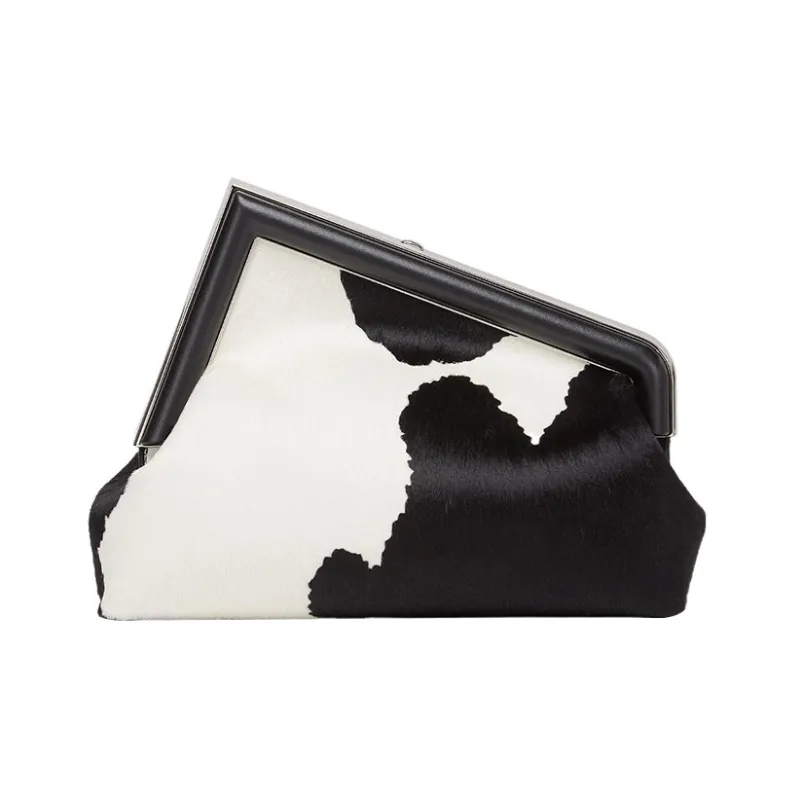 FENDI Fendi First Lambskin One Shoulder Crossbody Clutches Women's Black/White-2