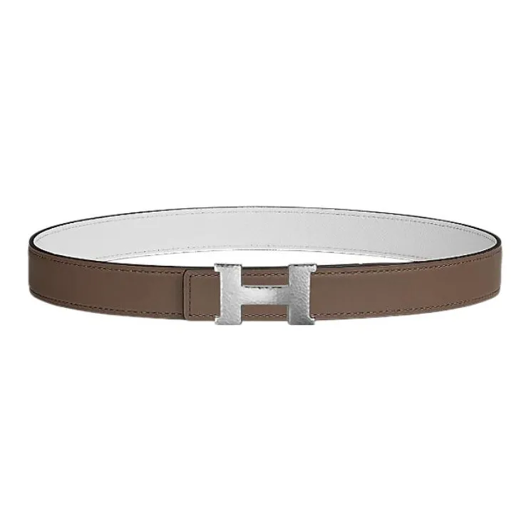 HERMES Studded Leather Silver Buckle Epsom Calfskin Double Sided Leather Belt Women's Elephant Gray/White Width 2.4cm-0