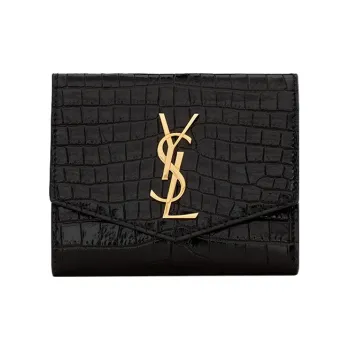 SAINT LAURENT UPTOWN Crocodile Pattern Cow Leather Wallet Small Size Women's Black