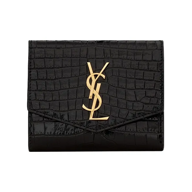 SAINT LAURENT UPTOWN Crocodile Pattern Cow Leather Wallet Trumpets Women's Black-0