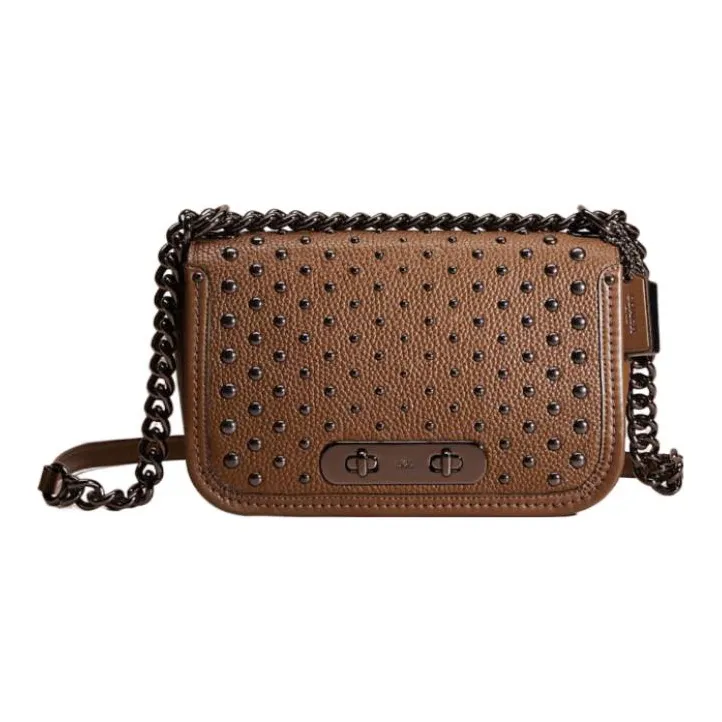 COACH Swagger Pebbled Leather Crossbody Bag, Shoulder Bag Women's Dark Brown-0