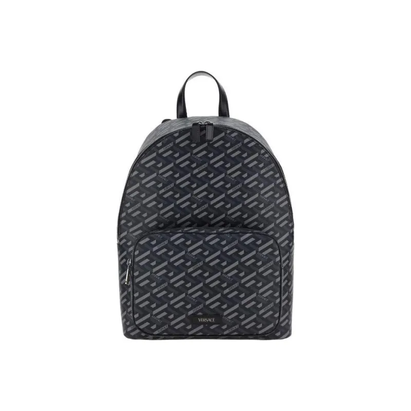 VERSACE Coated Canvas With Calfskin Backpack Regular Men's Black/Gray-0