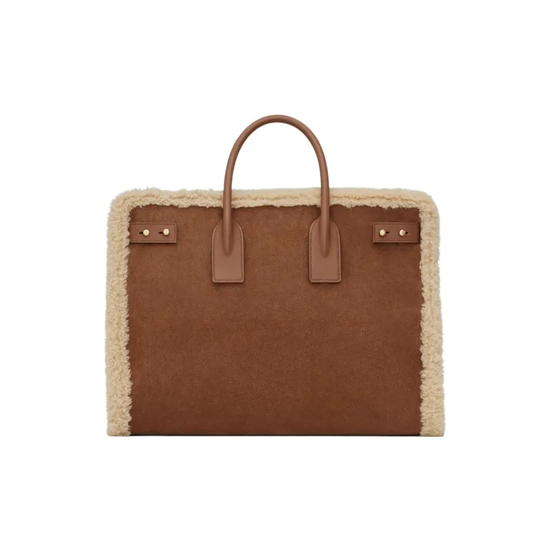 SAINT LAURENT SAC DE JOUR Shearling Patchwork Suede Patchwork Calfskin Handbag Large Size Men's Beige/Brown-3