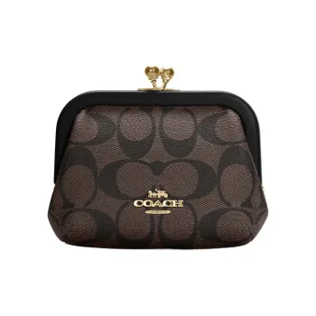 COACH Kisslock Coated Canvas With Smooth Leather Coin Purses Card Holders Regular Women's Brown Black