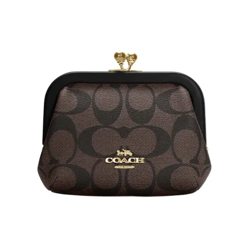 COACH Kisslock Coated Canvas With Smooth Leather Coin Purses Card Holders Regular Women's Brown Black