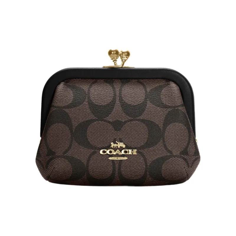 COACH Kisslock Coated Canvas With Smooth Leather Coin Purses Card Holders Regular Women's Brown Black-0