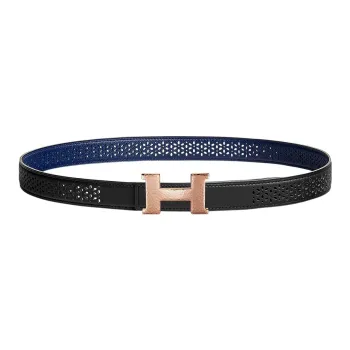HERMES Floral Pattern Rose Gold Buckle Epsom Calfskin Double Sided Leather Belt Women's Black/Blue Width 2.4cm