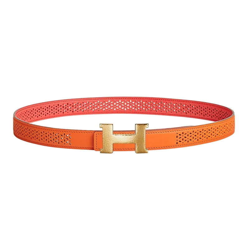 HERMES Constance Cut Out Gold Buckle Cow Leather Belt Women's Orange Width 2.4cm-0
