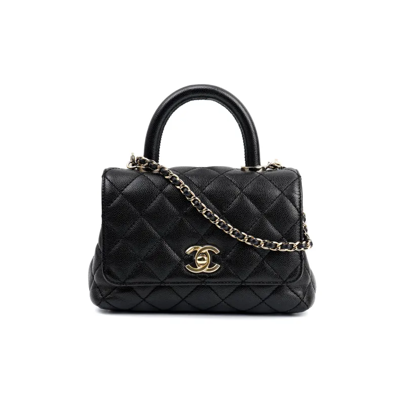 CHANEL Coco Handle Grain Embossed Cow Leather Handbag, Shoulder Bag Mini Women's Black-1