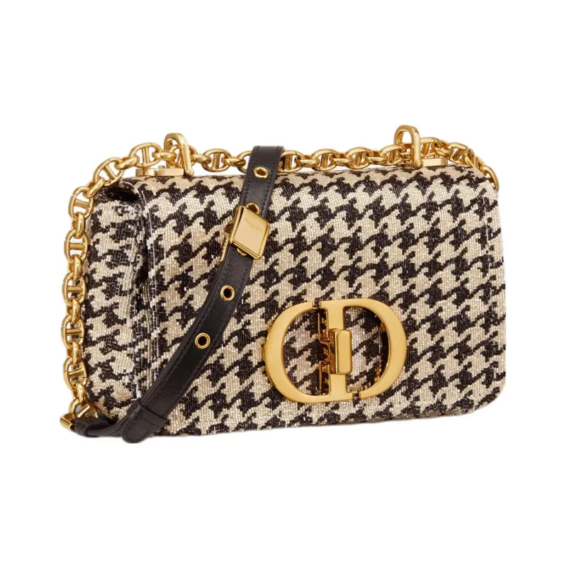 DIOR Caro Beaded Houndstooth Embroidery Shoulder Bag Crossbody Bag Small Size Women's Black/Beige-2
