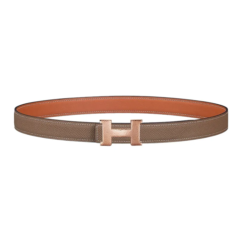 HERMES Mini Constance Floral Pattern Gold Buckle Epsom Calfskin Double Sided Leather Belt Women's Brown Width 2.4cm-0