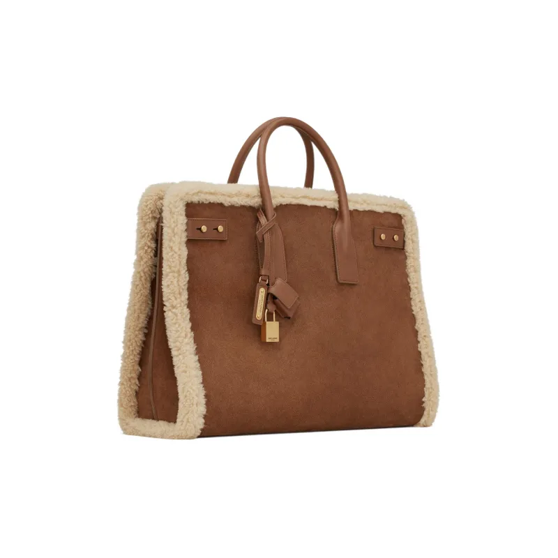 SAINT LAURENT SAC DE JOUR Shearling Patchwork Suede Patchwork Calfskin Handbag Large Size Men's Beige/Brown-1