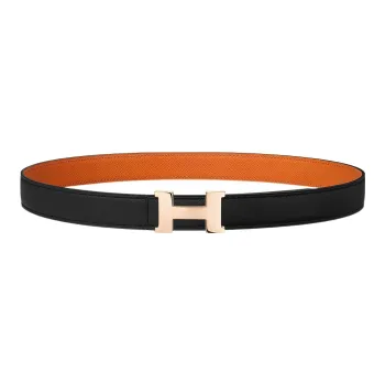 HERMES Double-Sided Comfortable Gold Buckle Togo Calfskin Double-Sided Leather Belt Women's Black/Orange Width: 2.4cm