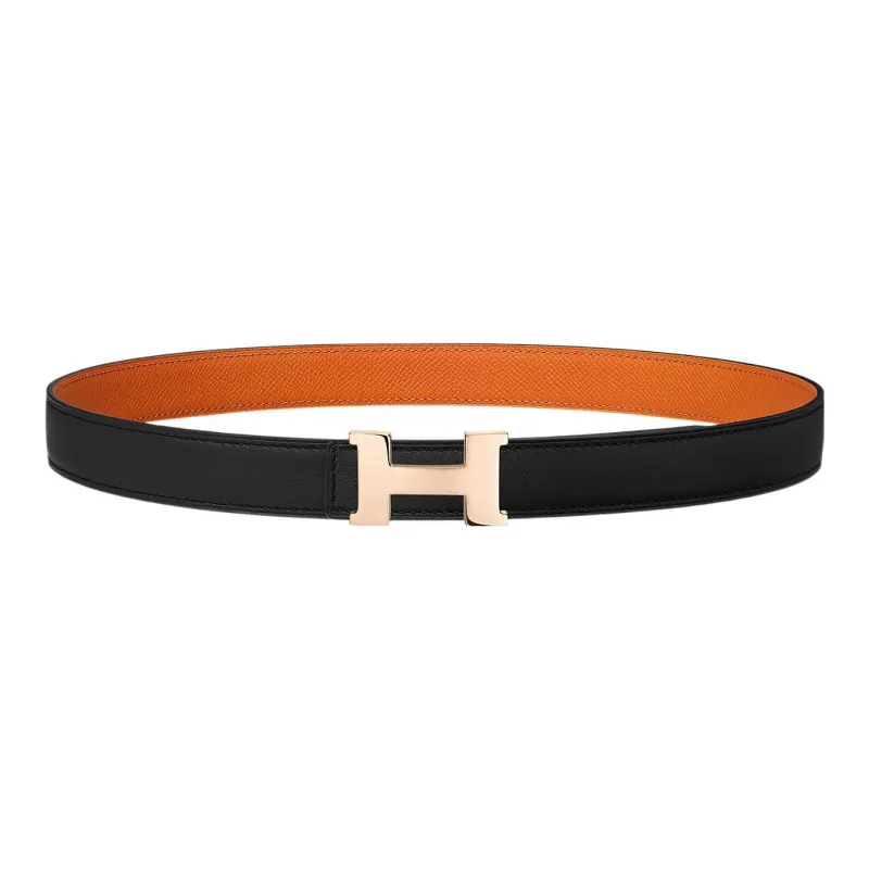 HERMES Double-Sided Comfortable Gold Buckle Togo Calfskin Double-Sided Leather Belt Women's Black/Orange Width: 2.4cm-0