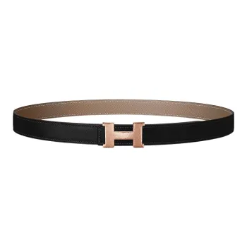 HERMES Gold Buckle Epsom Calfskin Double Sided Leather Belt Women's Black Width 2.4cm