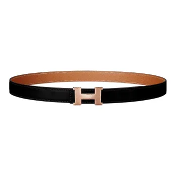 HERMES Letter H Rose Gold Buckle Epsom Calfskin Double-Sided Leather Belt Women's Black 2.4cm