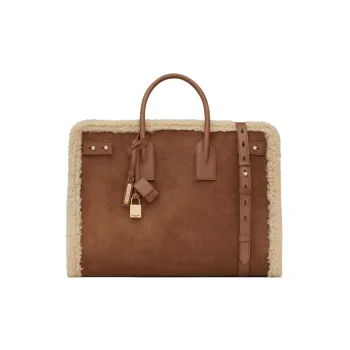 SAINT LAURENT SAC DE JOUR Shearling Patchwork Suede Patchwork Calfskin Handbag Large Size Men's Beige/Brown