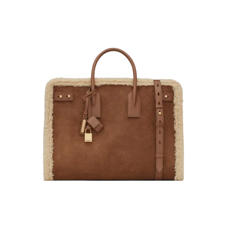 SAINT LAURENT SAC DE JOUR Shearling Patchwork Suede Patchwork Calfskin Handbag Large Size Men's Beige/Brown-0