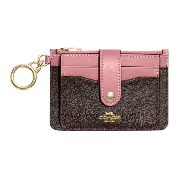 COACH Card Case Signature Coated Canvas With Smooth Leather Coin Purses Card Holders Mini Women's Brown & Pink