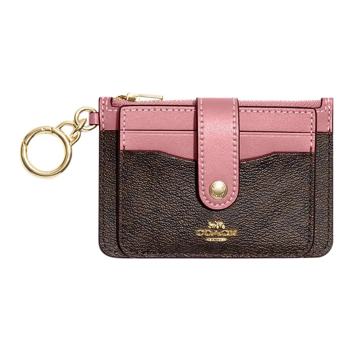 COACH Card Case Signature Coated Canvas With Smooth Leather Coin Purses Card Holders Mini Women's Brown & Pink-0