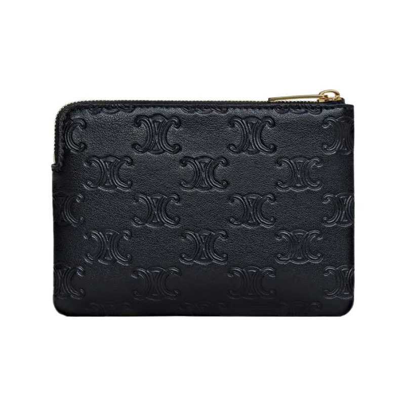 CELINE Triomphe Arc De Triomphe Smooth Cow Leather Clutch Coin Purse Card Holder Women's Black-1