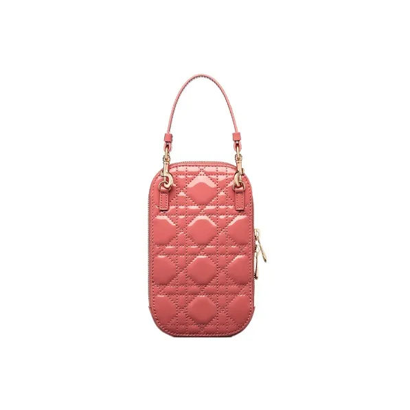 DIOR Lady Dior Calfskin One Shoulder Crossbody Cell Phone Pouch Women's Ash Coral Pink-4