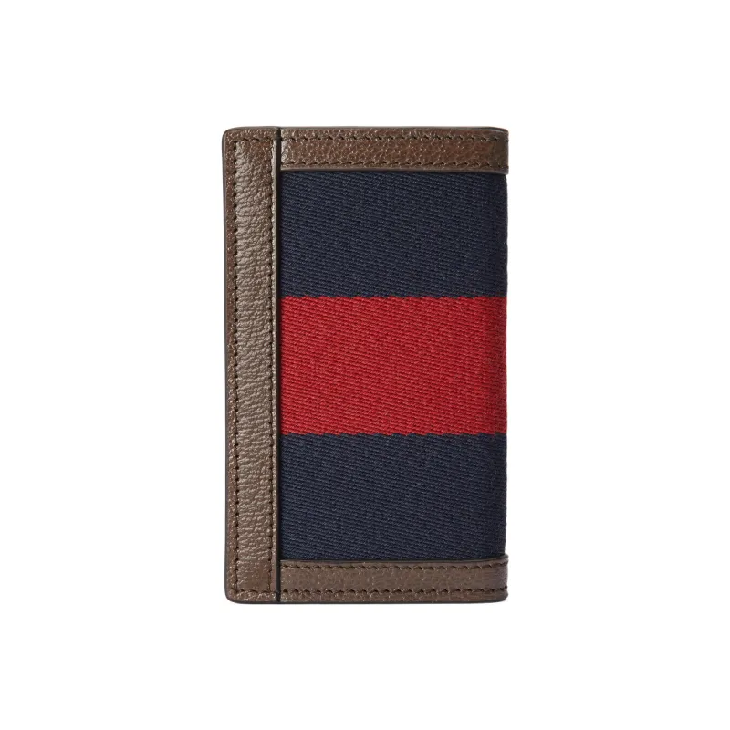 GUCCI Canvas With Leather Trim Business Card Holder, Wallet Card Holder Men's Brown/Blue/Red-1