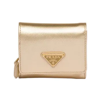 PRADA Cow Leather Card Holder Wallet Small Size Women's Gold
