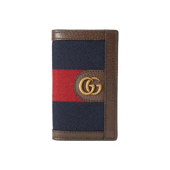 GUCCI Canvas With Leather Trim Business Card Holder, Wallet Card Holder Men's Brown/Blue/Red