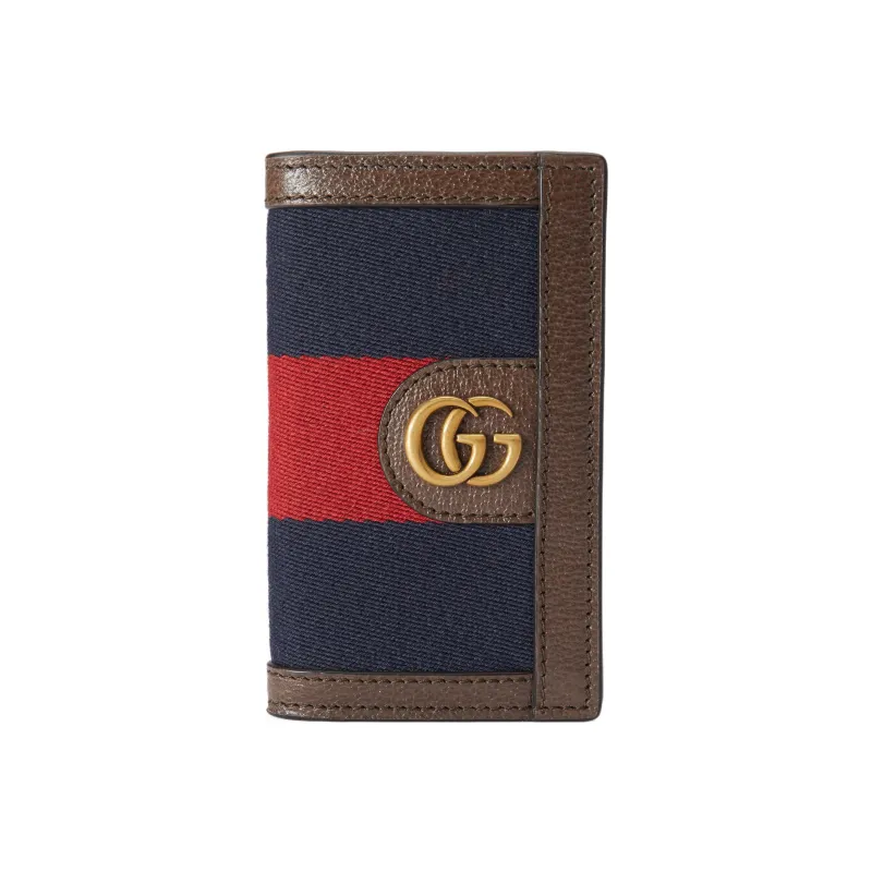 GUCCI Canvas With Leather Trim Business Card Holder, Wallet Card Holder Men's Brown/Blue/Red-0