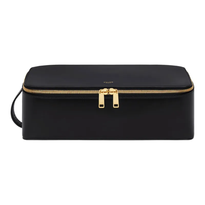 CELINE Shiny Cow Leather Handbag Toiletry Bag Large Size Women's Black-0