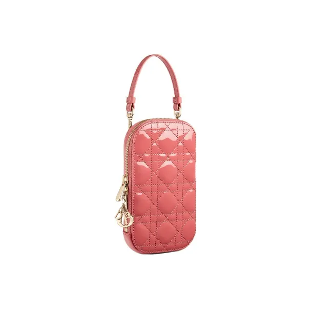 DIOR Lady Dior Calfskin One Shoulder Crossbody Cell Phone Pouch Women's Ash Coral Pink-1