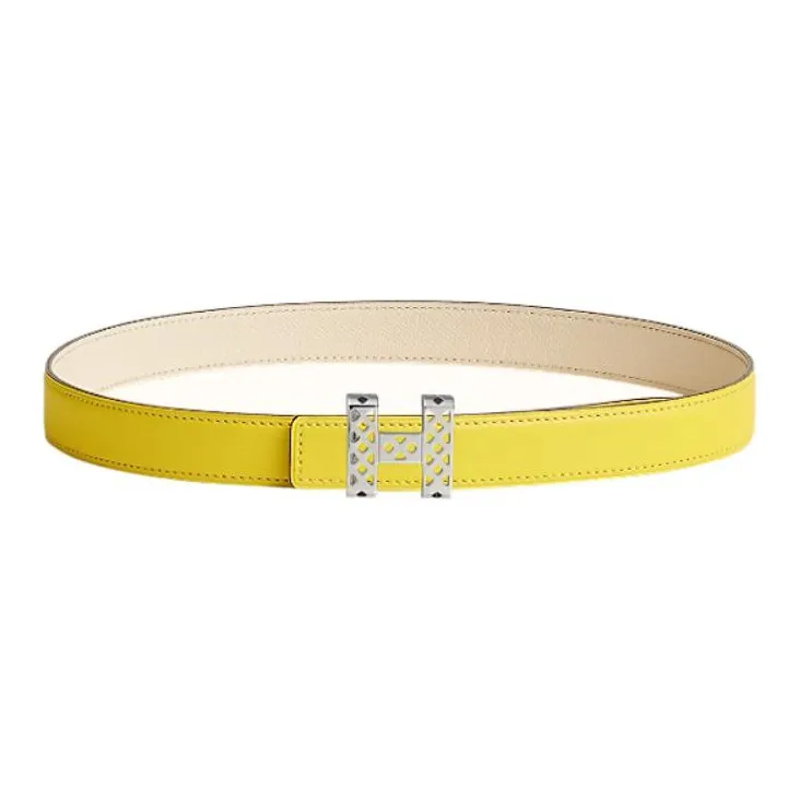 HERMES Comfortable Gold Buckle Epsom Calfskin Double-Sided Leather Belt Women's Lime/Cream White Width: 2.4cm-0