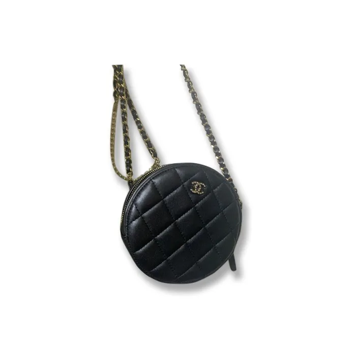 CHANEL Lambskin Chain Bag, Small Round Shoulder Bag, Crossbody Bag Women's Black-1