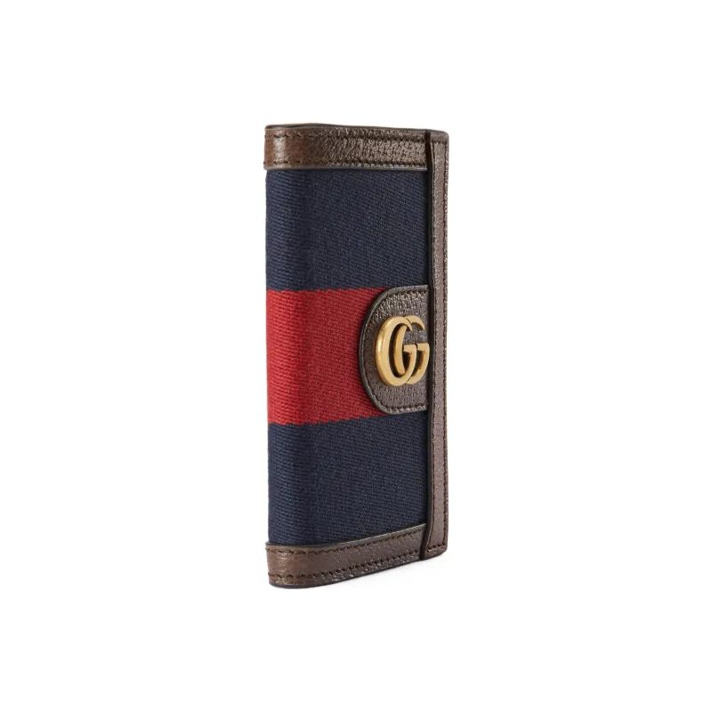 GUCCI Canvas With Leather Trim Business Card Holder, Wallet Card Holder Men's Brown/Blue/Red-2