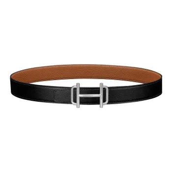 HERMES Comfortable Silver Buckle Togo Calfskin Double Sided Leather Belt Women's Black/Brown Width 3.2cm