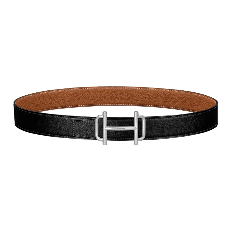 HERMES Royal Comfortable Silver Buckle Togo Calfskin Double Sided Leather Belt Women's Black/Brown Width 3.2cm-0