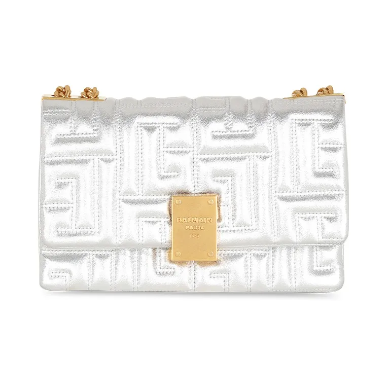 BALMAIN 1945 Quilted Soft Leather Shoulder Bag Crossbody Bag Handbag Medium Size Women's Silver White-0