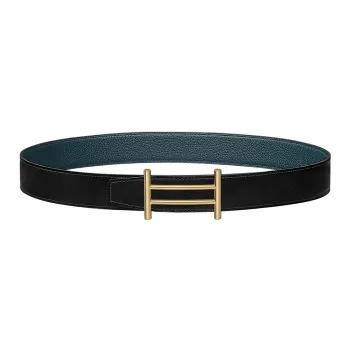 HERMES H Logo Gold Buckle Togo Calfskin Double-Sided Leather Waist Women's Black Width: 3.2cm
