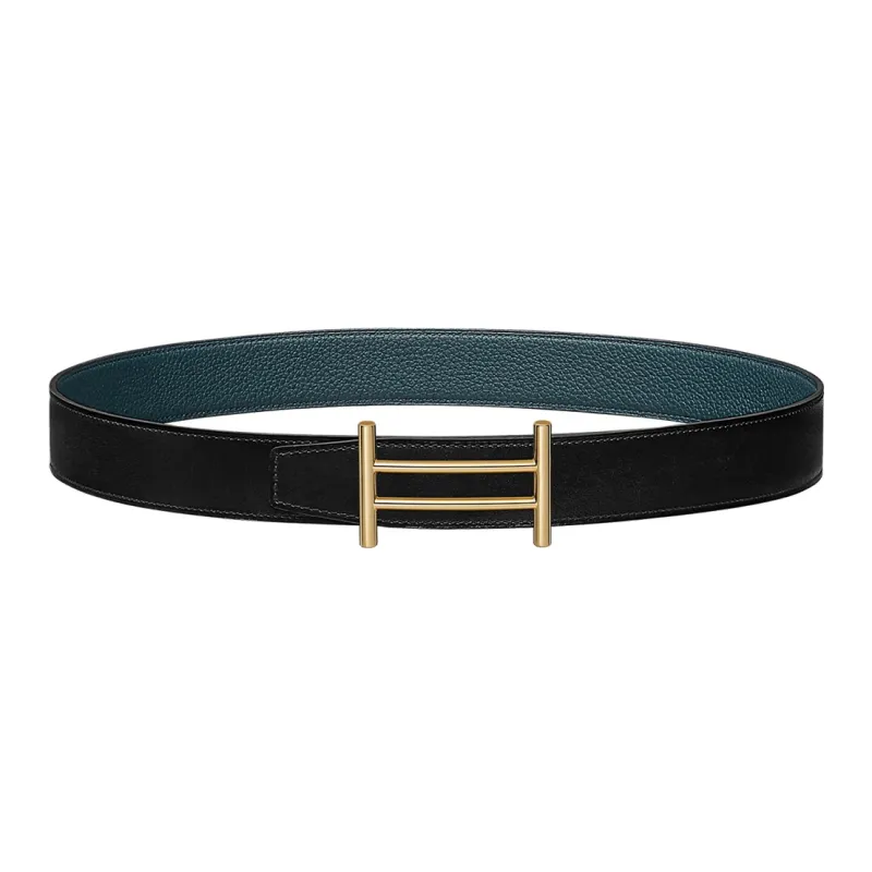 HERMES H Logo Gold Buckle Togo Calfskin Double-Sided Leather Waist Women's Black Width: 3.2cm-0