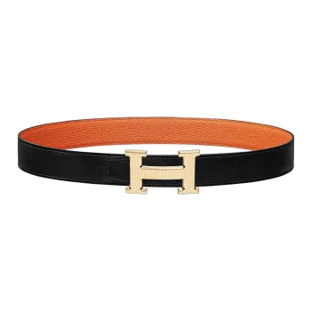 HERMES Individual Letter Logo Gold Buckle Togo Calfskin Double-Sided Leather Belt Women's Black/Orange Width: 3.2cm