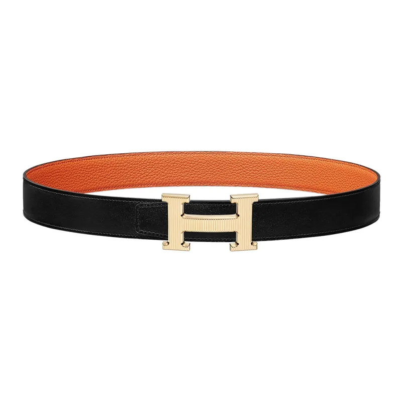 HERMES Individual Letter Logo Gold Buckle Togo Calfskin Double-Sided Leather Belt Women's Black/Orange Width: 3.2cm-0