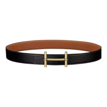 HERMES Comfortable Gold Buckle Togo Calfskin Double Sided Leather Belt Women's Black Width 3.2cm