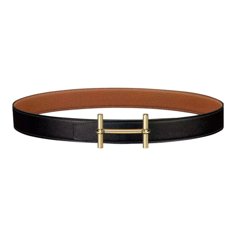 HERMES Comfortable Gold Buckle Togo Calfskin Double Sided Leather Belt Women's Black Width 3.2cm-0