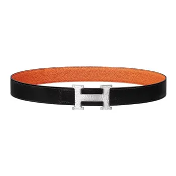 HERMES H Martelee Silver Buckle Togo Calfskin Double-Sided Leather Belt Women's Black Width: 3.2cm